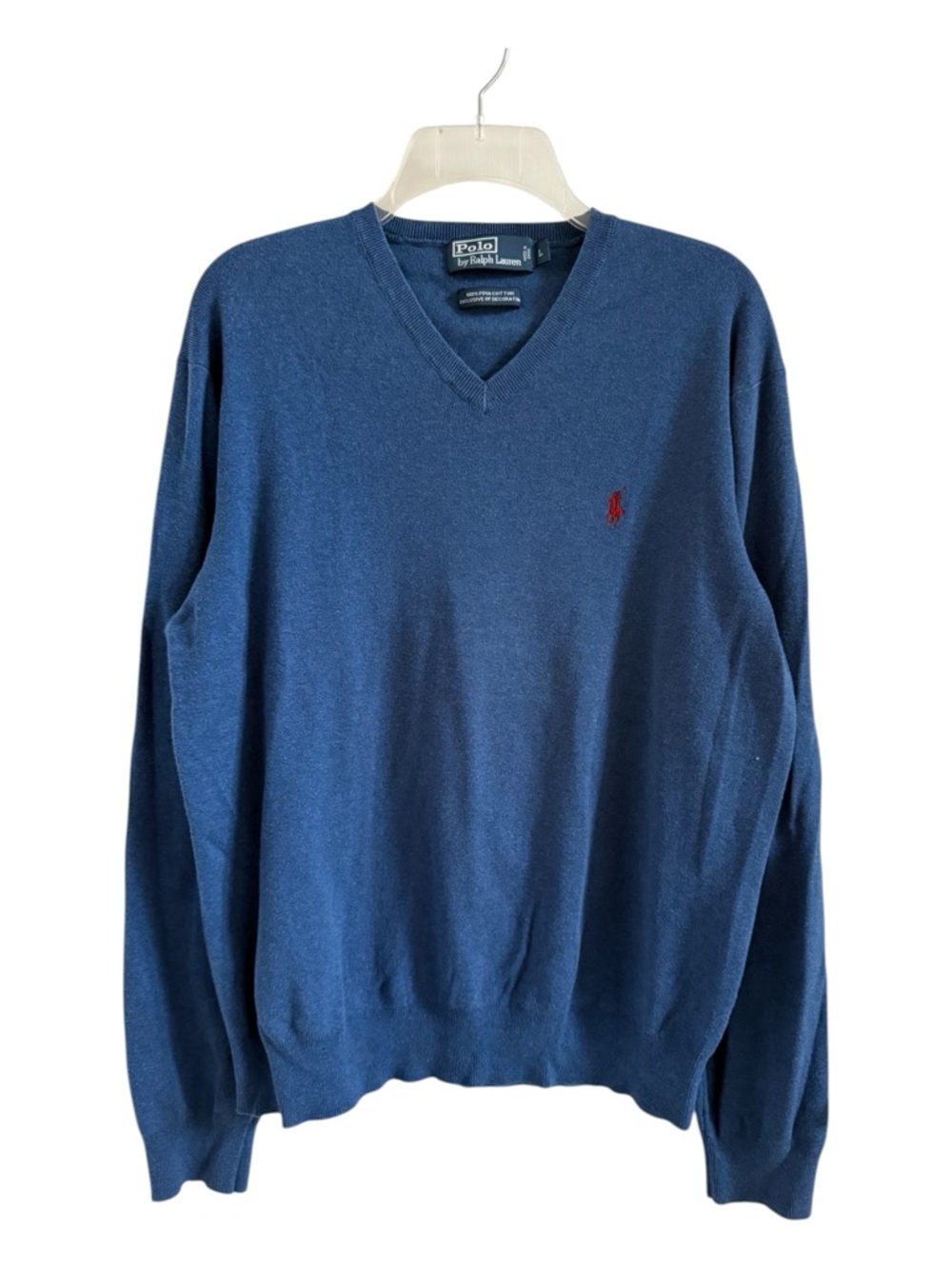 Polo Ralph Lauren Blue Pima Cotton V-Neck Sweater Red Pony Logo Size Large